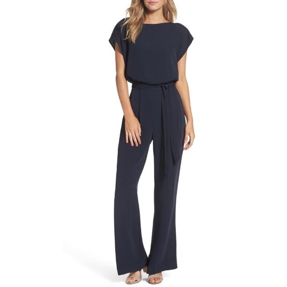 Eliza J Women's Cap Short Sleeve Wide Leg‎ Jumpsuit in Navy Size 0 MSRP $137